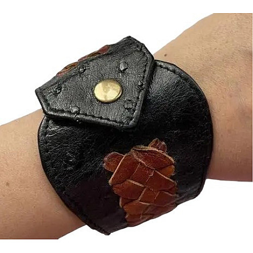 Браслет из натуральной кожи страуса Ekzotic Leather черный с коричневым плетением (ob 05)