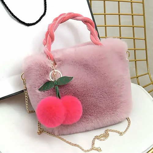 Детская сумка Lesko GZ-5043 Light Pink меховая с вишней на цепочке для девочки