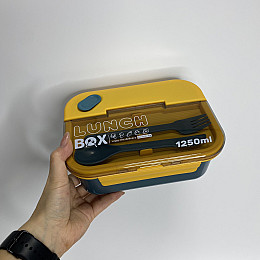 Ланч-бокс пластиковый со столовыми приборами с тремя отделами A-Plus 2221 PB темно-бирюзовый с желтым