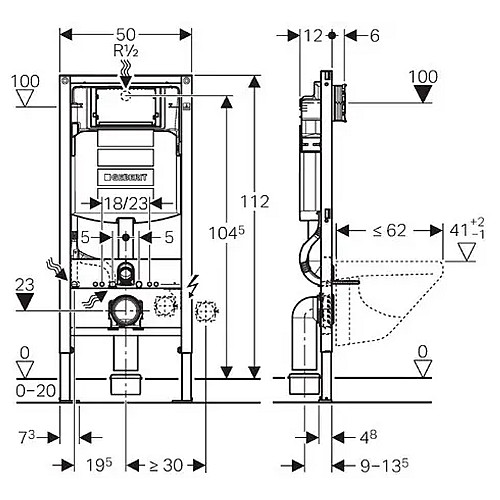 Монтажный элемент инсталляция для подвесного унитаза Geberit DUOFIX H112 Sigma со смывным бачком скрытого монтажа