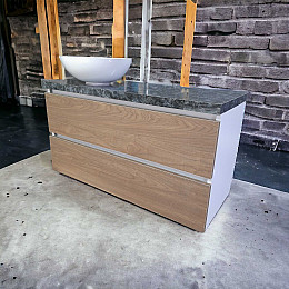 Пластиковая подвесная тумба Mikola-M 4855 wood с пластиковой столешкой и раковиной 100 см