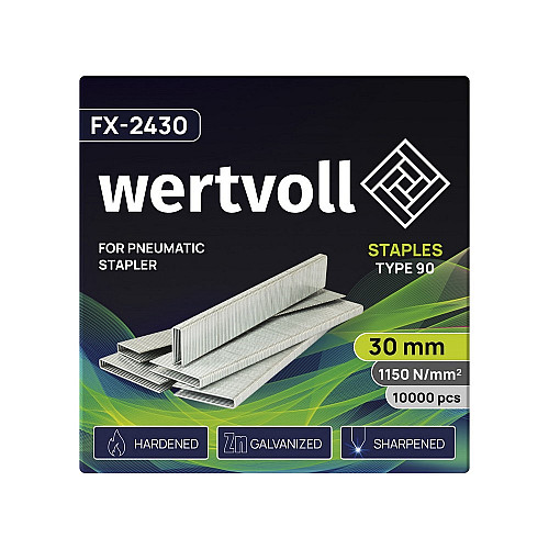 Скобы закаленные для пневмостеплера WERTVOLL 90 30 мм/5.8х1.25 мм 10000 шт Gray (FX-2430)