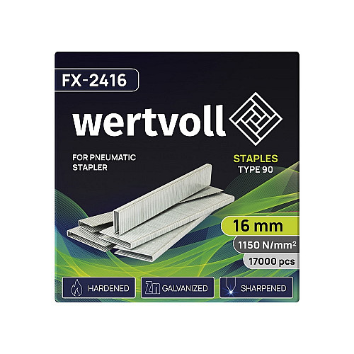 Скобы закаленные для пневмостеплера WERTVOLL 90 16 мм/5.8х1.25 мм 17000 шт Grey (FX-2416)