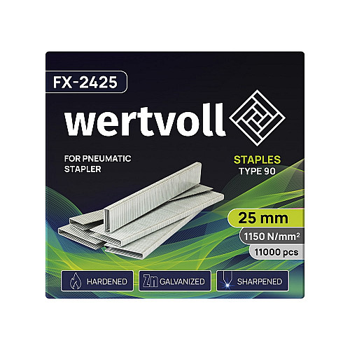 Скобы закаленные для пневмостеплера WERTVOLL 90 25 мм/5.8х1.25 мм 11000 шт Gray (FX-2425)