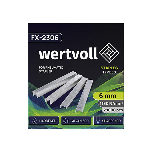 Скобы закаленные для пневмостеплера WERTVOLL 80 6 мм/12.8х0.95 мм 29000 шт Gray (FX-2306)