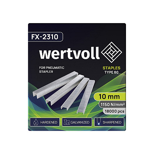 Скобы закаленные для пневмостеплера WERTVOLL 80 10 мм/12.8х0.95 мм 18000 шт Gray (FX-2310)