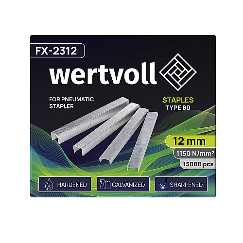 Скобы закаленные для пневмостеплера WERTVOLL 80 12 мм/12.8х0.95 мм 15000 шт Gray (FX-2312)