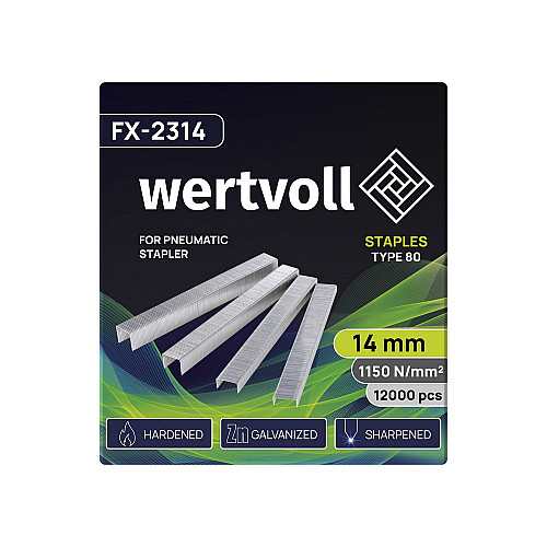 Скобы закаленные для пневмостеплера WERTVOLL 80 14 мм/12.8х0.95 мм 12000 шт Gray (FX-2314)