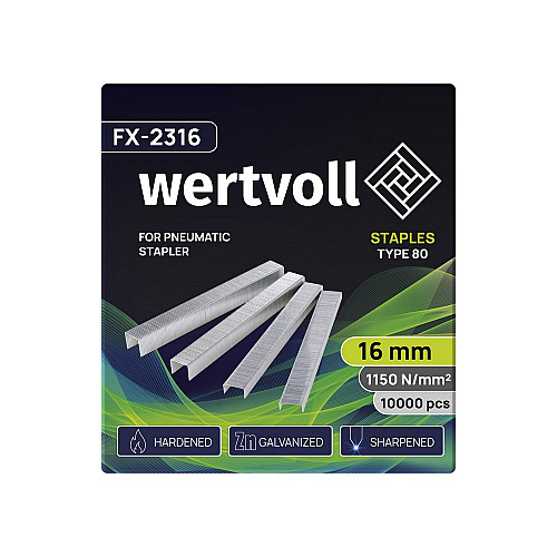 Скобы закаленные для пневмостеплера WERTVOLL 80 16 мм/12.8х0.95 мм 10000 шт Gray (FX-2316)