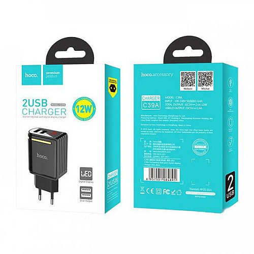 Мережевий адаптер Hoco C39A 2USB з дисплеєм Black
