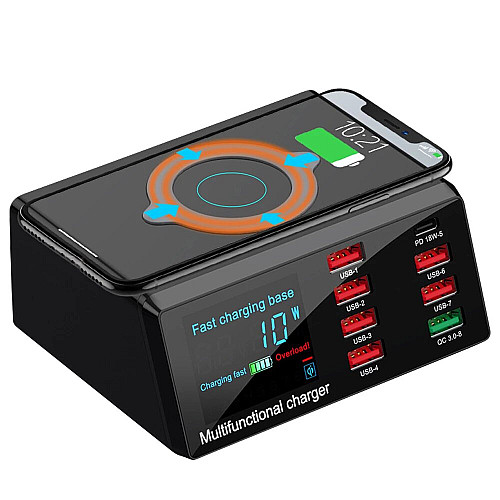 Мультизарядний пристрій із бездротовою зарядкою Digital Lion MCS-X9, на 8 USB, 100W