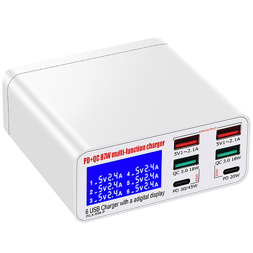 Зарядная станция с дисплеем на 6 портов Addap MCS-896P, мультизарядное устройство с 4×USB-A и 2×Type-C портами, 87W, Белая (0234)