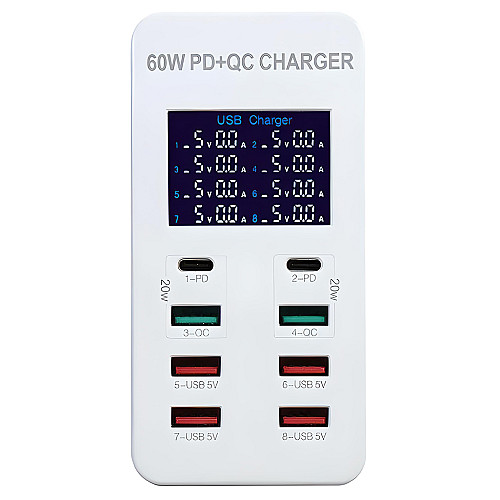 Сетевое зарядное устройство на 8 разъемов Addap WLX-A8T Type-C + USB-A PD 3.0 и QC 3.0