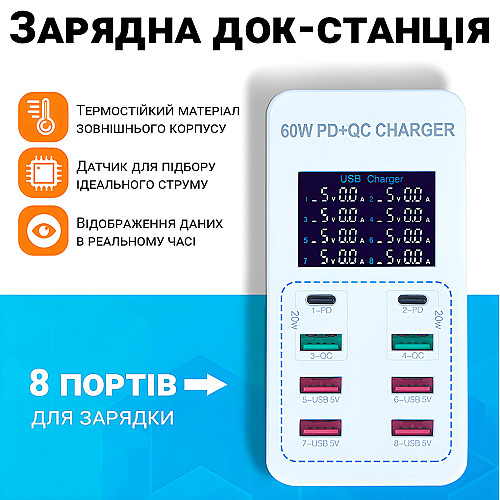 Сетевое зарядное устройство на 8 разъемов Addap WLX-A8T Type-C + USB-A PD 3.0 и QC 3.0
