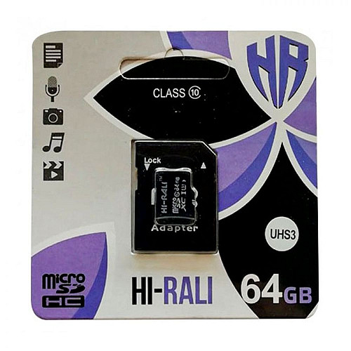 Карта пам'яті з адаптером Hi-Rali Micro SDXC 64гб UHS-3 Class 10 Чорний