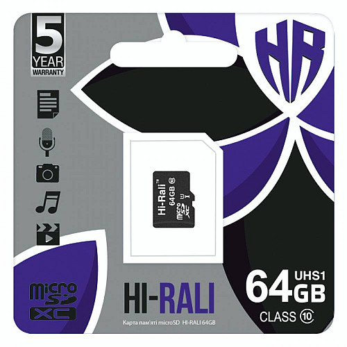 Карта памяти Hi-Rali Micro SDXC 64gb UHS-1 10 Class Черный