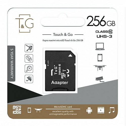 Карта памяти с адаптером T&G Micro SDXC 256gb UHS-3 Class 10 Черный