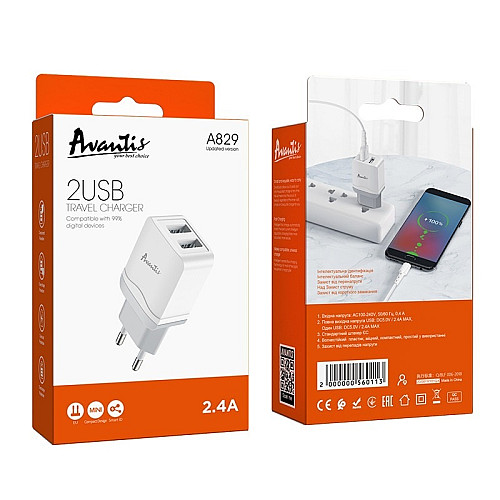 Сетевое зарядное устройство Avantis A829 (2USB/2.4A)- белый