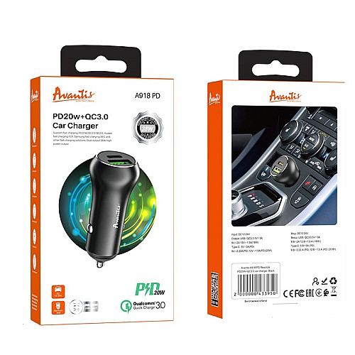Автомобільний зарядний пристрій Avantis A918PD Resolute ( QC3.0/PD20W/38W)- чорний