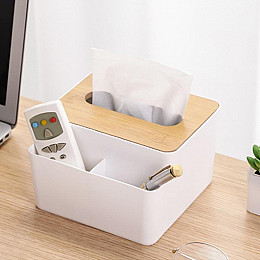 Бокс для салфеток c бамбуковой крышкой с отделением под косметику и гаджеты Tissue 16x15.5x10 см Белый (hub_43uzer)