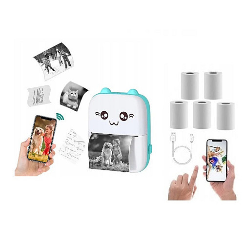 Портативний термопринтер OldBro Bambi Cat Mini printer Blue 5 рулонів самоклеючого термопаперу