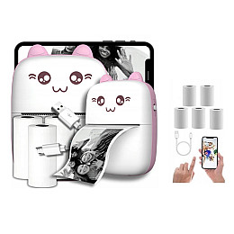 Портативный термопринтер OldBro Bambi Cat Mini printer Pink 5 рулонов термобумаги розовый