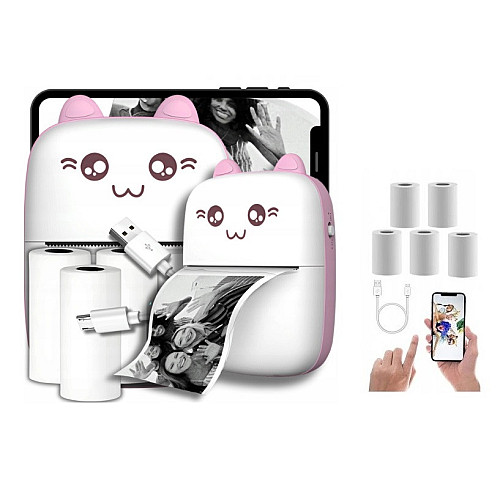 Портативный термопринтер OldBro Bambi Cat Mini printer Pink 5 рулонов термобумаги розовый