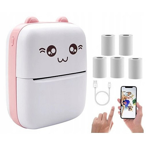 Портативный термопринтер OldBro Bambi Cat Mini printer Pink 5 рулонов термобумаги розовый