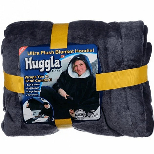 Двостороння толстовка плед халат з капюшоном Huggle Hoodie оверсайз худі зі штучного хутра Чорна