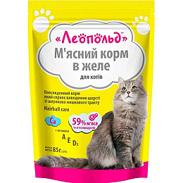 Вологий корм для котів Леопольд М'ясний корм для виведення шерсті з шкт пауч 85 г 28 шт