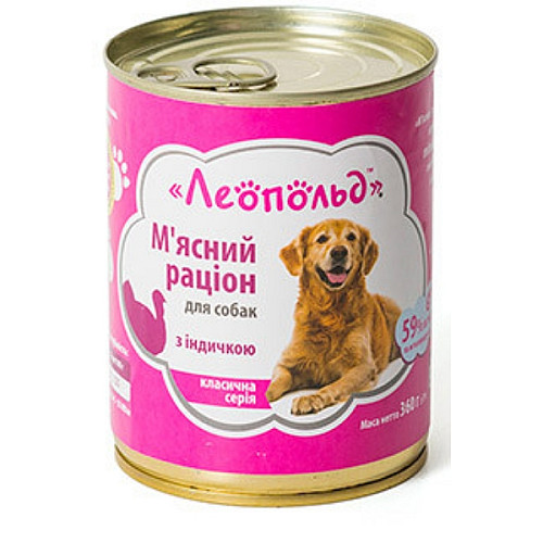 Консервированный корм для собак Леопольд Мясной рацион с индейкой металлическая банка 360 г