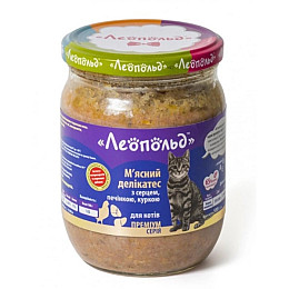 Консервований корм Леопольд М'ясні делікатеси з серцем печінкою куркою для котів скляна банка 500 г 6 шт/уп
