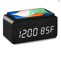 Настольные электронные LED часы под дерево с беспроводной зарядкой и температурой VST 889-6 Белая подсветка