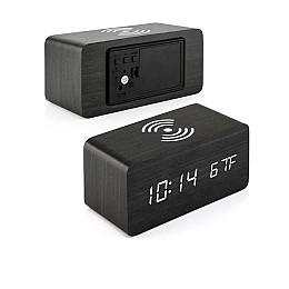 Настольные электронные LED часы под дерево с беспроводной зарядкой и температурой VST 889-6 Белая подсветка