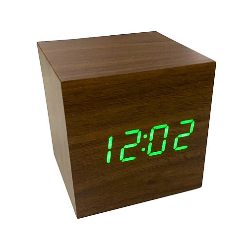 Настільний електронний світлодіодний годинник куб Wooden Watch VST-869 65х65 мм Зелене світло