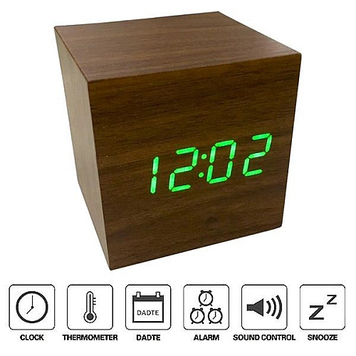 Настільний електронний світлодіодний годинник куб Wooden Watch VST-869 65х65 мм Зелене світло