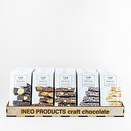 Шоколад крафтовий асорті Ineo products Білий крісп та смородина, білий кокос та арахіс, чорний фундук та вишня, чорний шоколад, молочний з мигдалем та інжиром, молочний з коноплею та яблуком