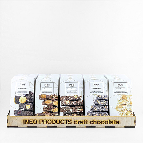 Шоколад крафтовий асорті Ineo products Білий крісп та смородина, білий кокос та арахіс, чорний фундук та вишня, чорний шоколад, молочний з мигдалем та інжиром, молочний з коноплею та яблуком