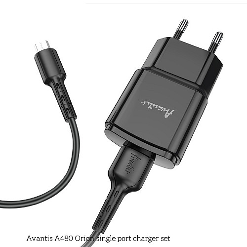 Сетевий зарядний пристрій Avantis A480 Orion (1USB/2.1A) + USB кабель Micro- чорний