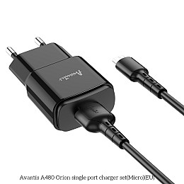 Сетевий зарядний пристрій Avantis A480 Orion (1USB/2.1A) + USB кабель Micro- чорний