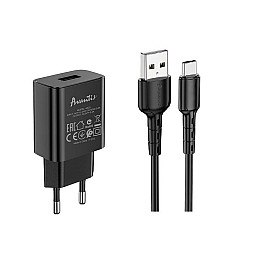 Сетевое зарядное устройство Avantis A820 (1USB/2.4A) + USB кабель Type-C- черный