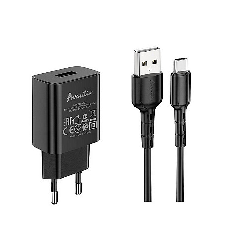 Сетеве зарядний пристрій Avantis A820 (1USB/2.4A) + USB кабель Type-C - чорний