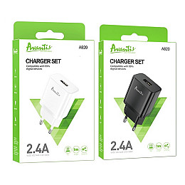 Сетеве зарядний пристрій Avantis A820 (1USB/2.4A) + USB кабель Type-C - чорний