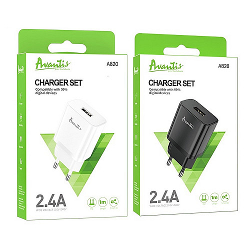 Сетеве зарядний пристрій Avantis A820 (1USB/2.4A) + USB кабель Type-C - чорний