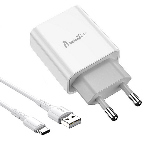 Сетеве зарядний пристрій Avantis A825 (1USB/2.1A) + USB кабель Type-C-білий