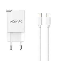 Сетевое зарядное устройство Aspor A826 PD (20W/USB/Type-C) + кабель Type-C – Type-C- белый