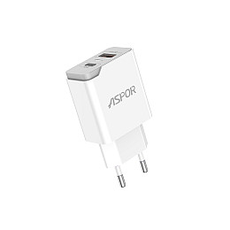 Сетеве зарядний пристрій Aspor A826 PD (20W/USB/Type-C) + кабель Type-C – Type-C - білий