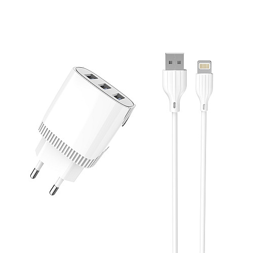 Сетевое зарядное устройство Aspor A813 (3USB/3.4A) + USB кабель Lightning- белый