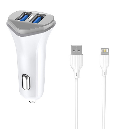 Автомобільне зарядне пристрій Aspor A903 (2USB/3.4A) + USB кабель Lightning - білий
