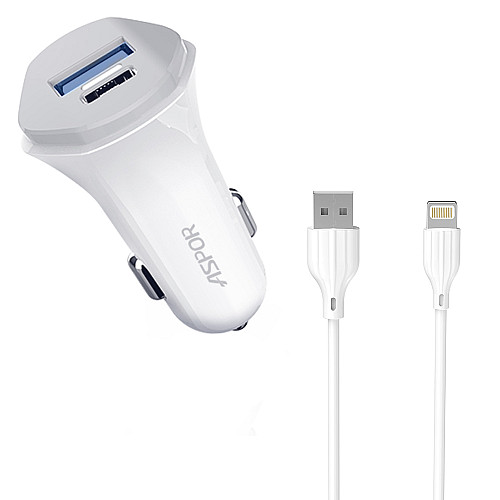 Автомобільне зарядне пристрій Aspor A903 (2USB/3.4A) + USB кабель Lightning - білий